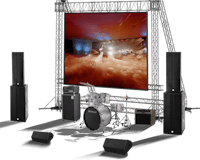 a stage set with speakers and a drum set